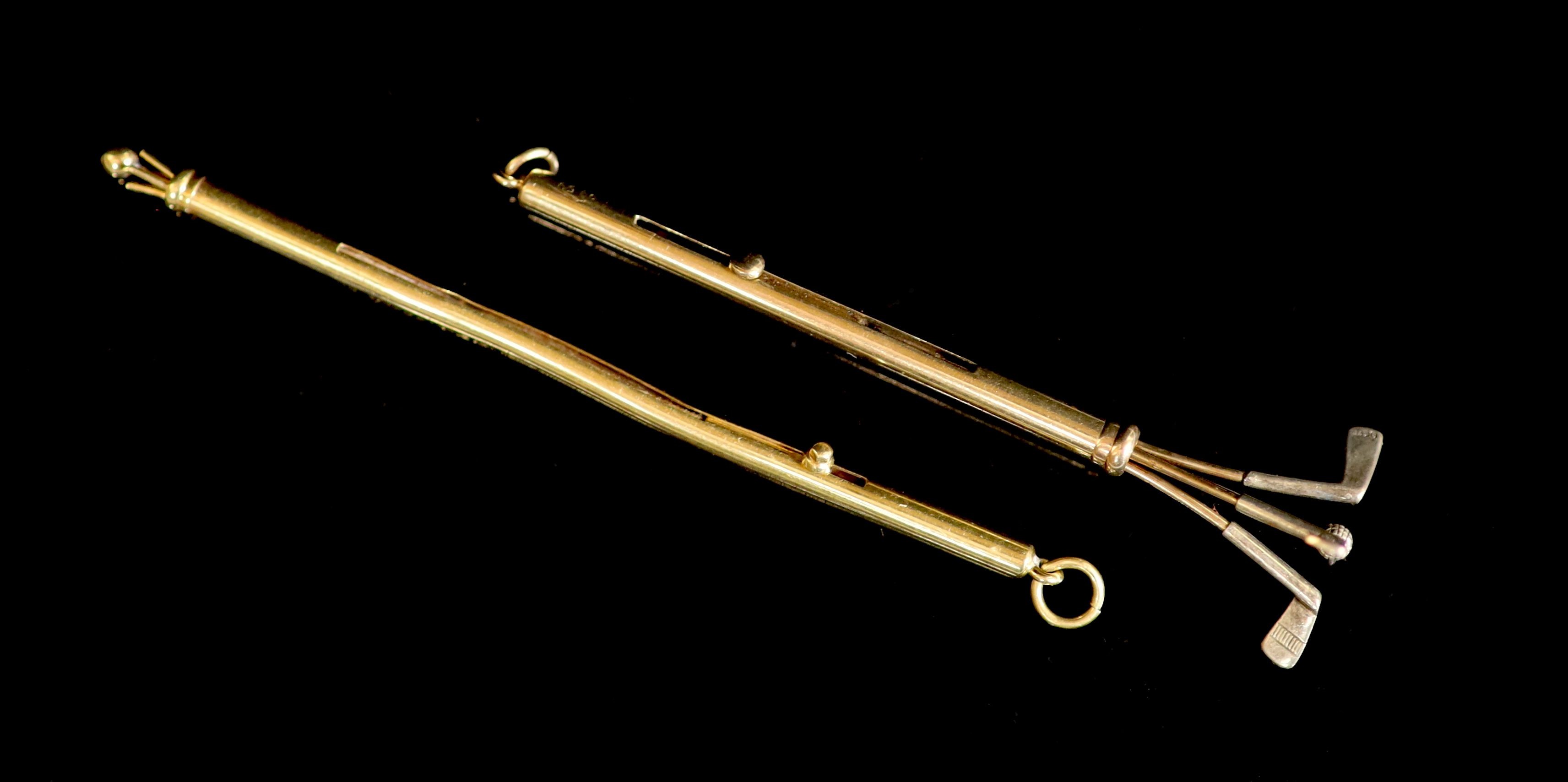 A George V Cartier 9ct gold novelty swizzle stick, modelled as a golf bag and a similar Cartier 18ct gold swizzle stick